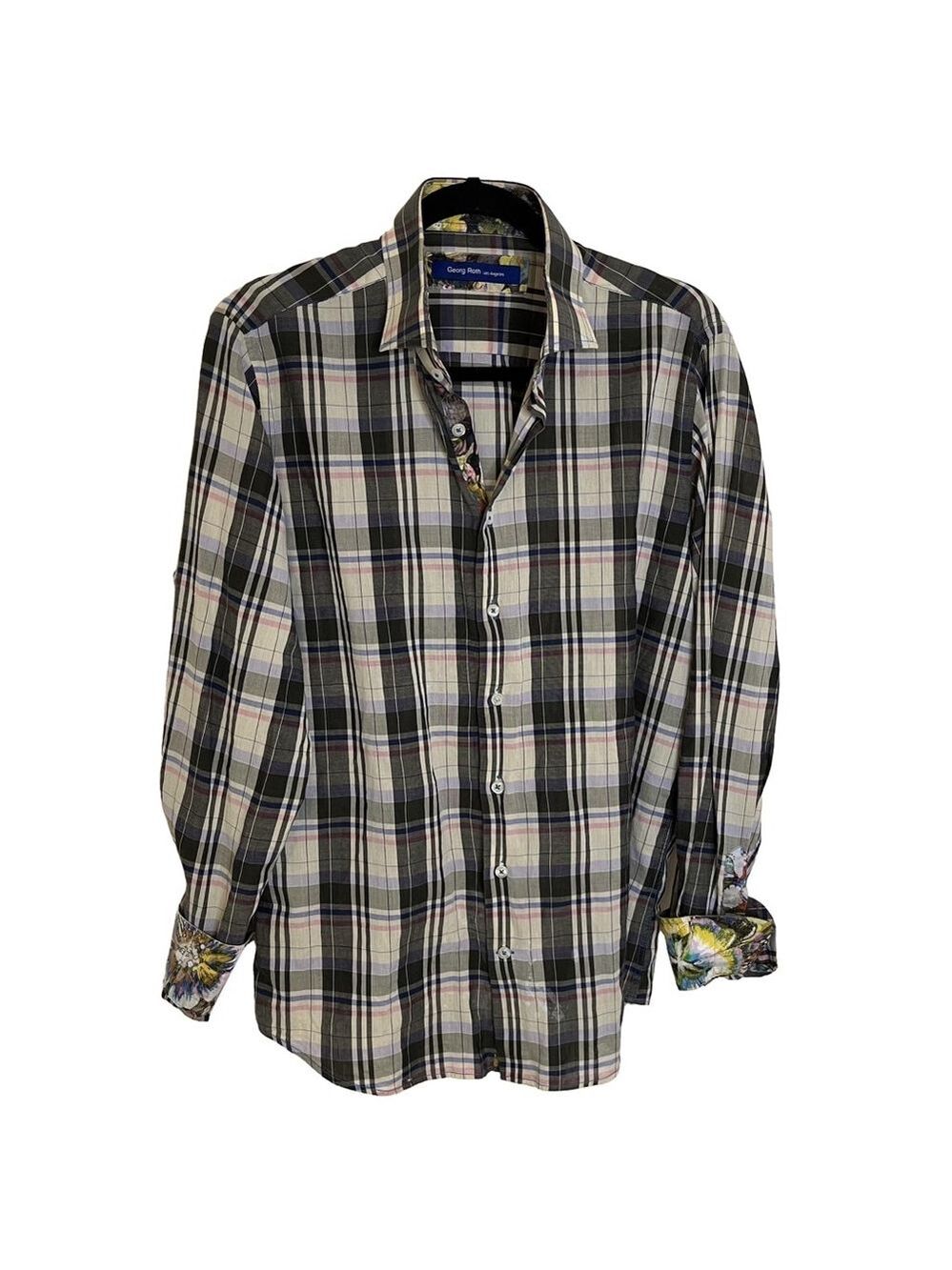 Men's Georg Roth Los Angeles Plaid Cotton Button Down Shirt Contrast Trim Size L